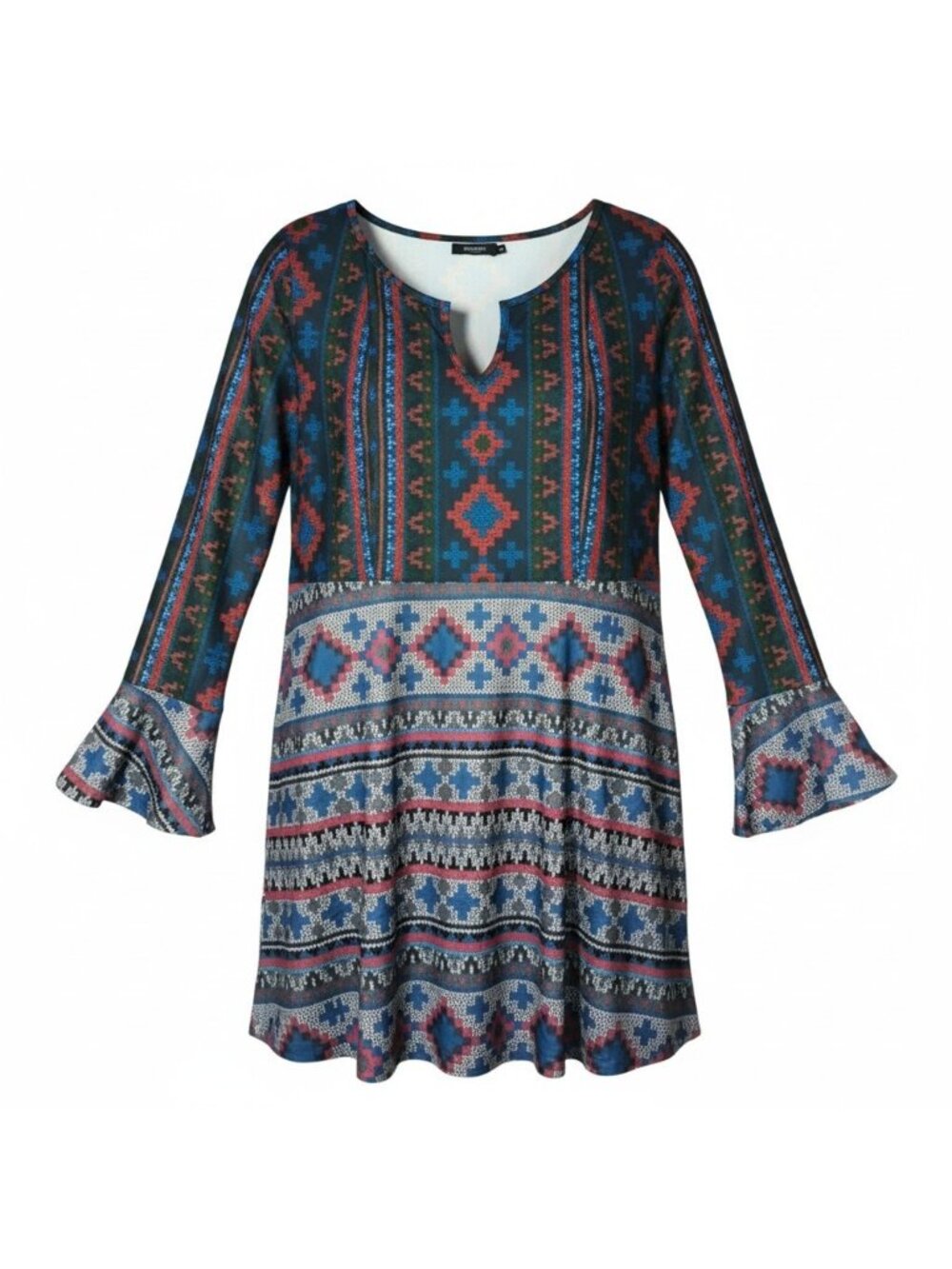 Reborn New York Dress Women XL Print Stretch Empire Waist Fit Flare Bell Sleeve